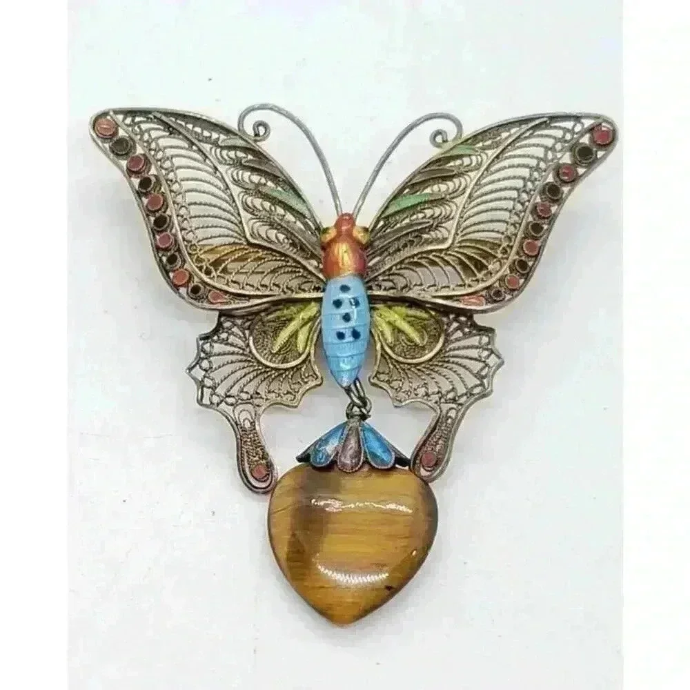 Vintage BIG Butterfly Brooch Silver Filigree Enamel Tigers Eye 30s 40s Art Deco